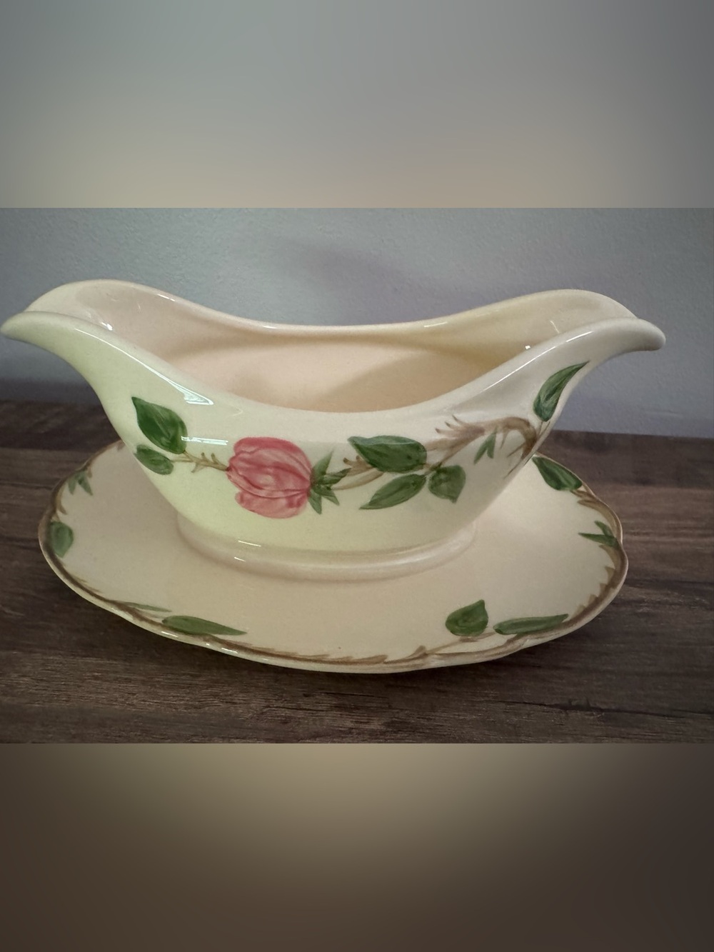 Vintage Franciscan Desert Rose Gravy Boat attached Underplate Glazed Earthenware
